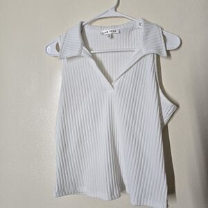 White Asymmetrical Ribbed Polo Tank Top